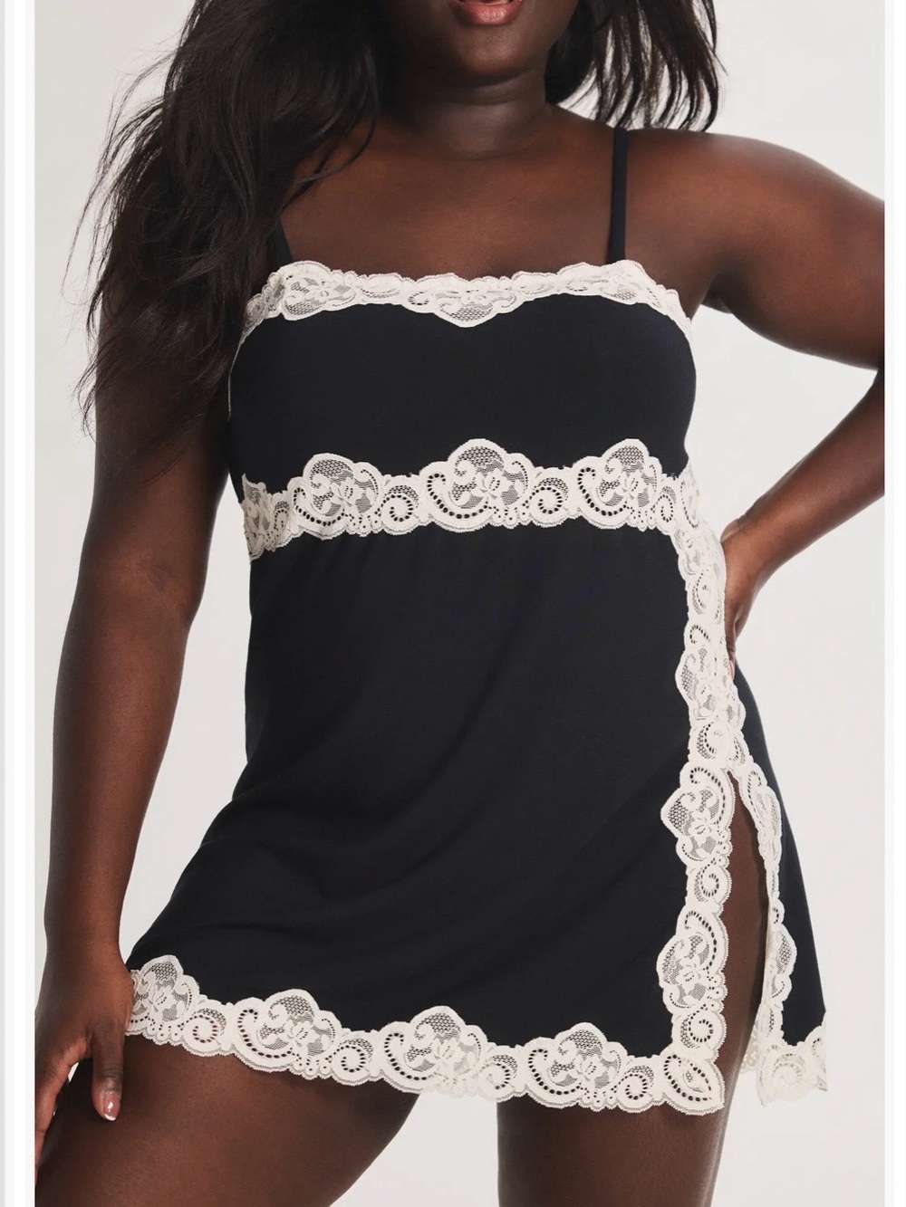 Savage X Fenty Black Slip Dress with Cream Lace Trim